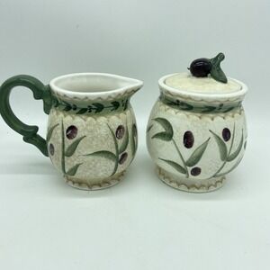 Oneida Oliveto Covered Sugar And Creamer Set Hand Painted Vintage Tuscan Farm